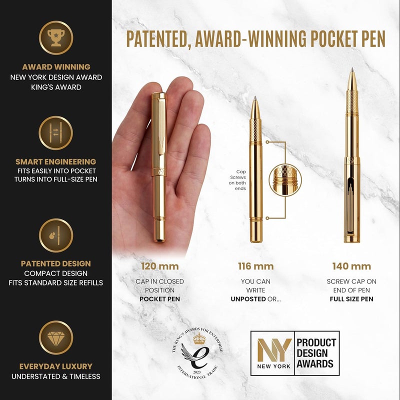 Scriveiner Heavy Gold Rollerball Pen, Award Winning Luxury Pocket Pen with gold plating Finish, German Schmidt Refill, Best EDC Writing Gift Set for Men & Women, Nice Fancy - Image 4